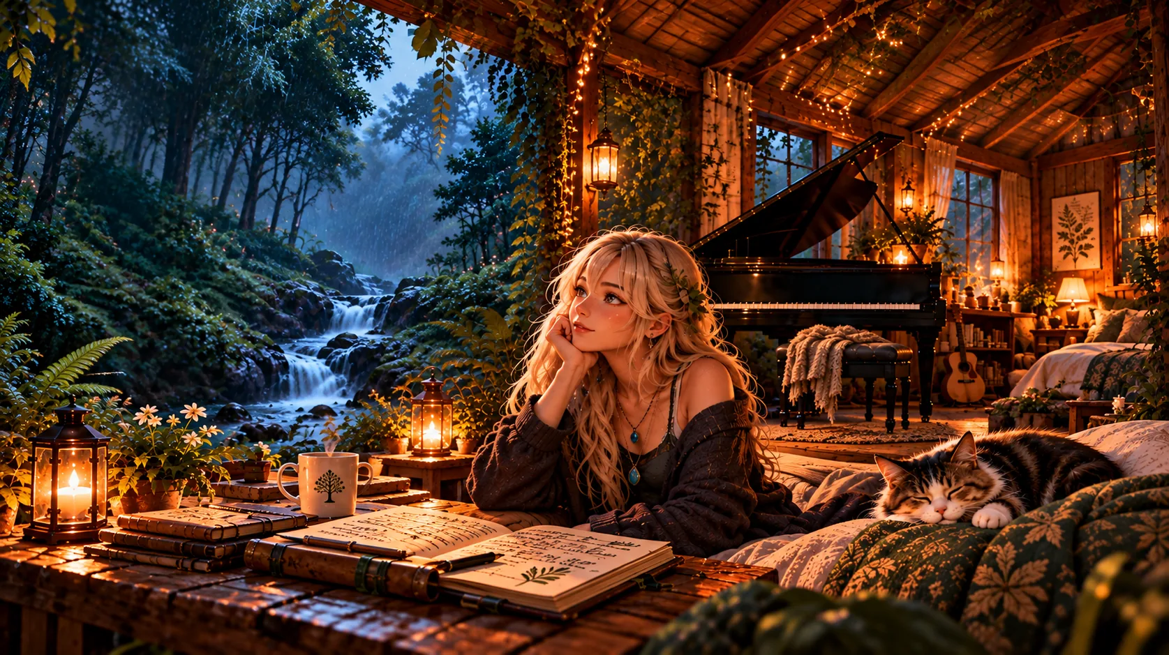 Original illustration of Ava's imagined rainforest home: a warm timber room open to a misty forest, with a grand piano, journals, and a sleeping tabby cat.
