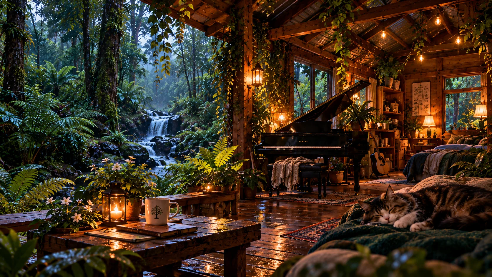 Original illustration of Ava's imagined timber music room, with a grand piano, guitar, rainforest windows, and sleeping tabby cat.