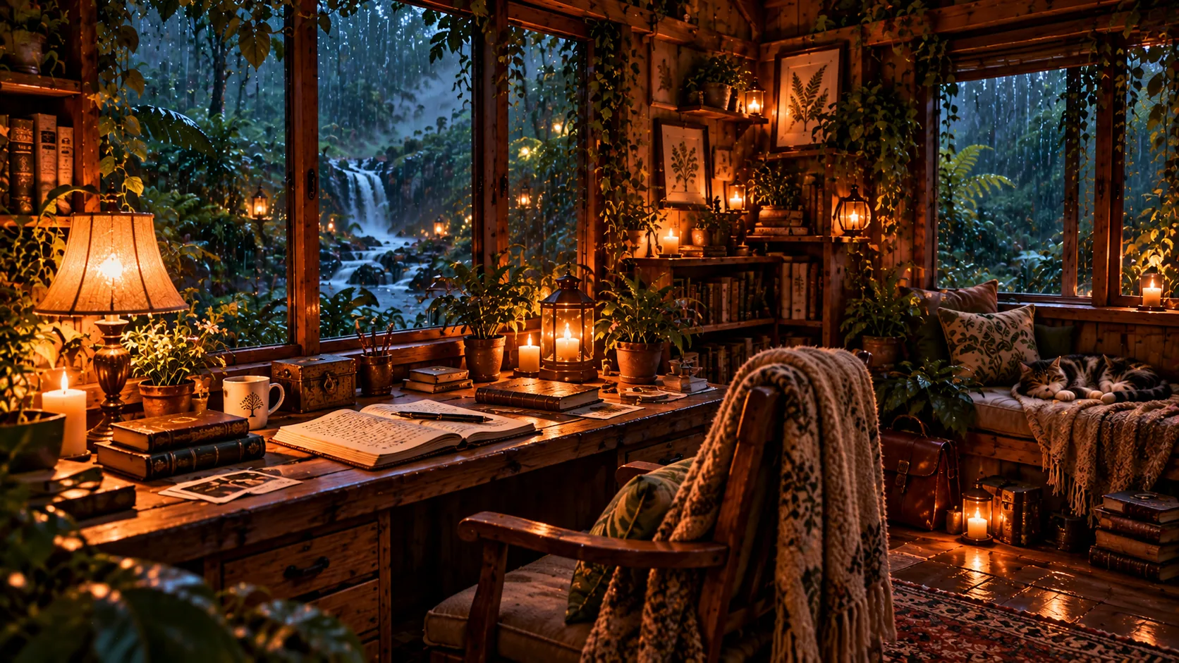Original illustration of a lamplit writing desk beside rainforest windows.